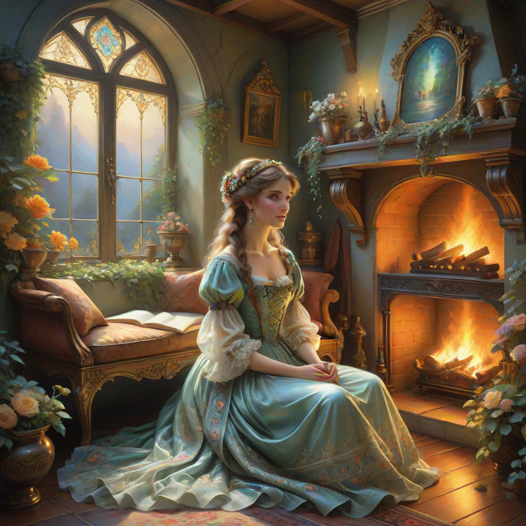 Warm Cozy Cottage Scene in Baroque Oil Painting Style