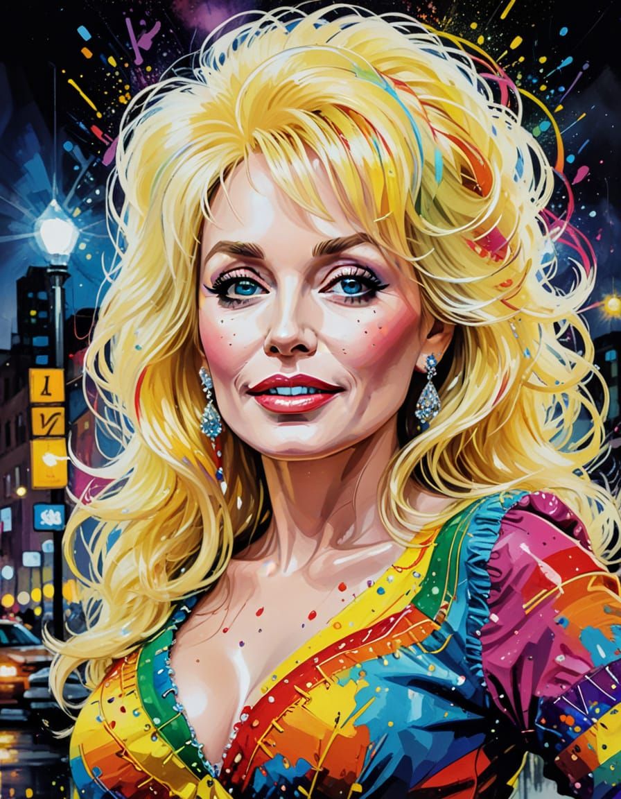 Dolly Parton in Rainbow Dress, Oil Painting