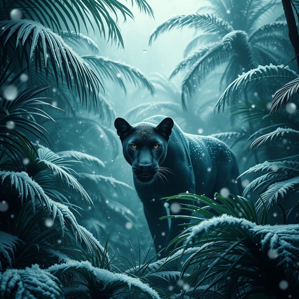Sleek Panther Emerge from Tropical Jungle Winter Wonderland
