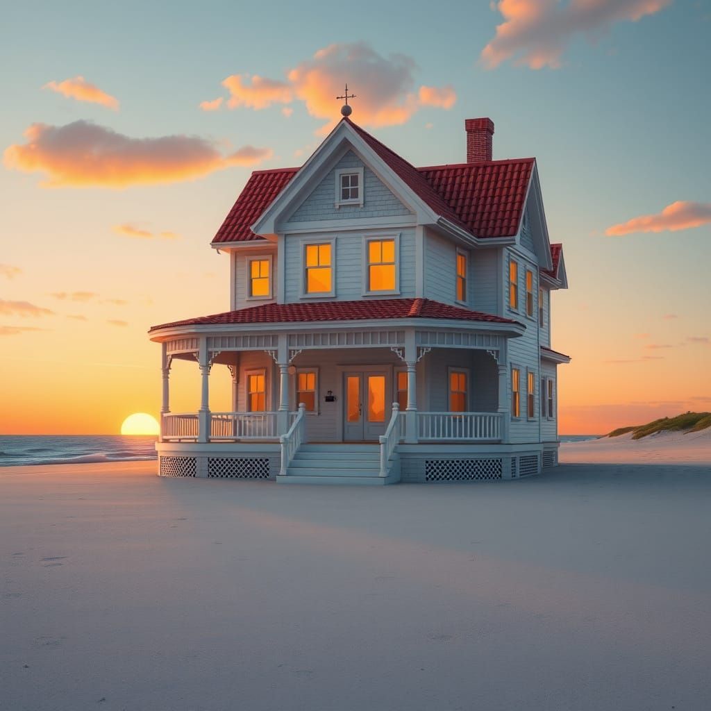 Victorian House on Beach at Sunset in Miyazaki Style
