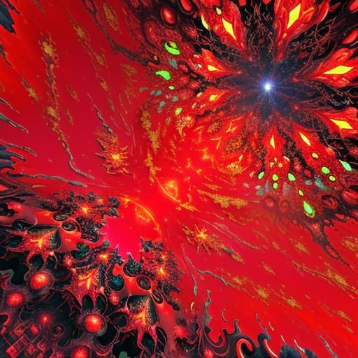 Cosmic Spaceship in Red Slime: Fractal Glitch Art