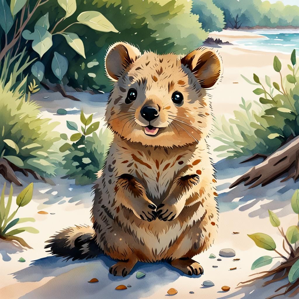 Quokka on a Sunny Beach, Watercolor Style