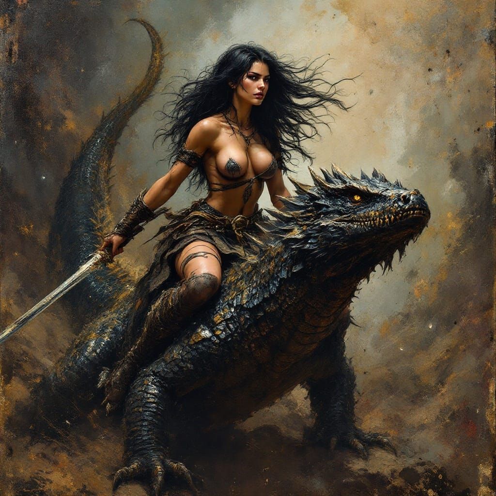 Epic Barbarian Goddess Rides Dragon in Frazetta-Inspired Art