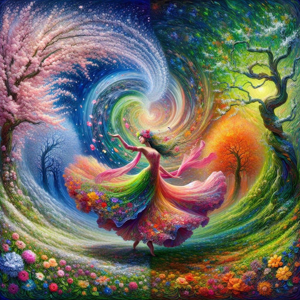 Whimsical Woman's Dance Through the Four Seasons