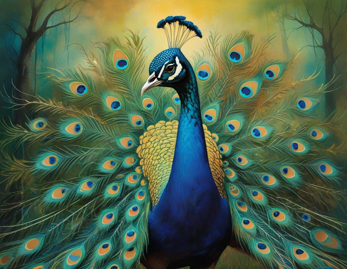 Peacock in Vibrant, Iridescent Plumage, Set in a Lush Forest