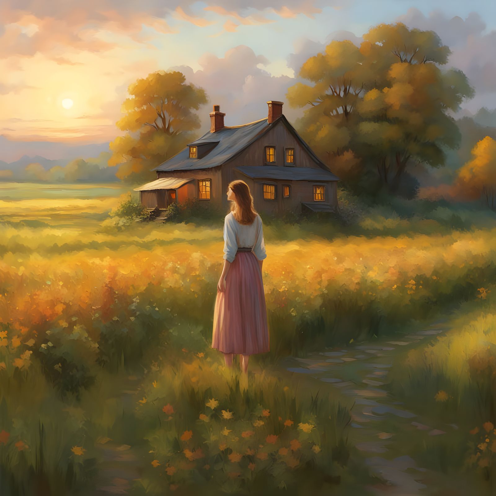 Woman Enjoying Sunset in Rural Cottage Scene