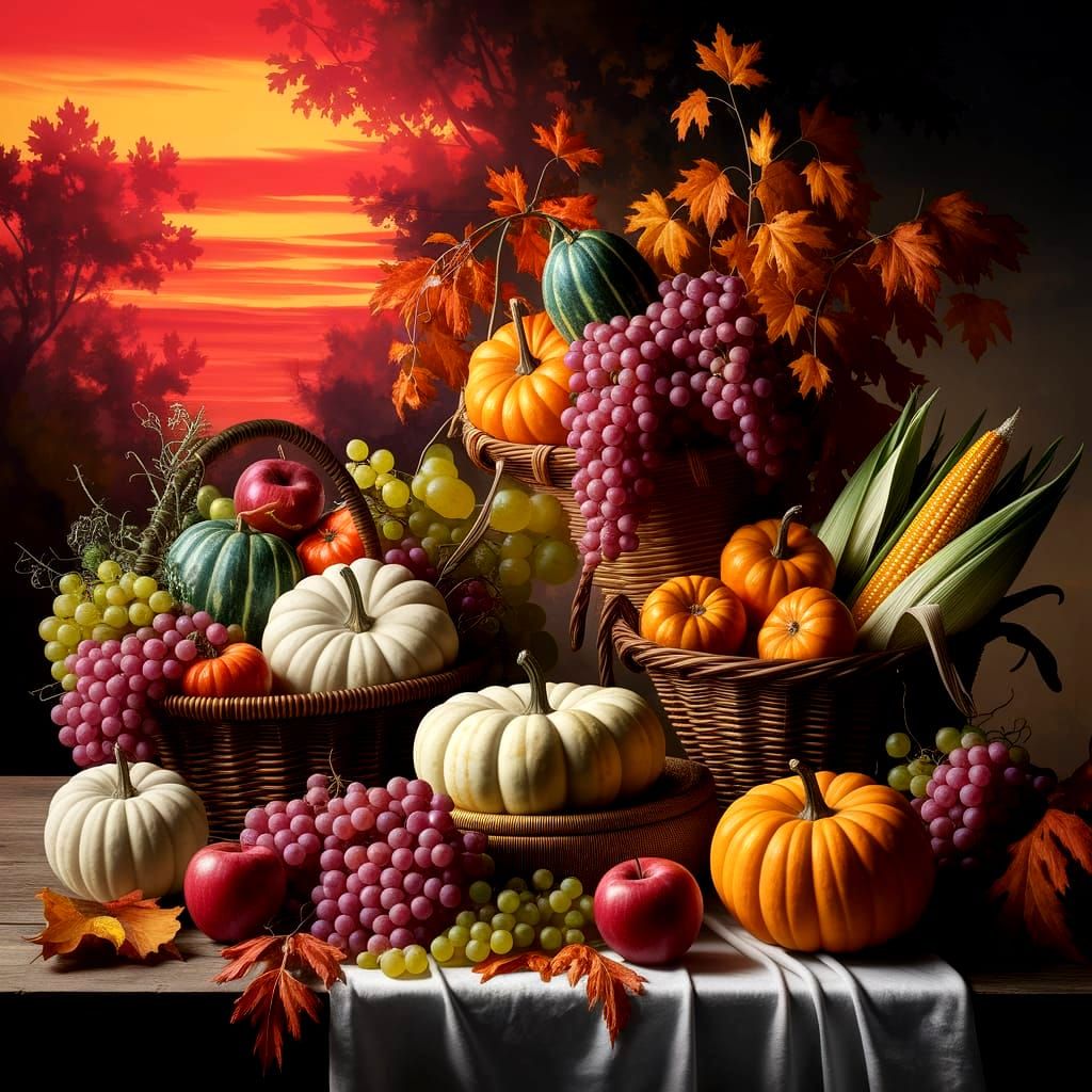 Abundant Harvest Table Under Autumn Sky Oil Painting