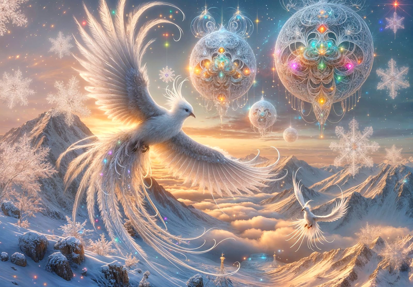 Luminous Birds Soaring Over Snowy Peaks with Sparkles