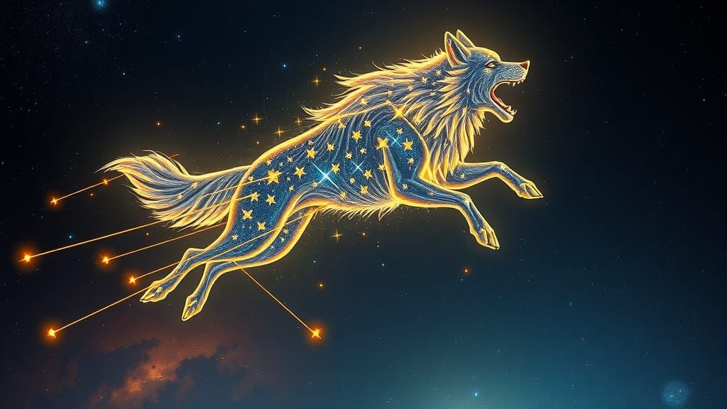 Celestial Wolf in Mid-Air, Radiant Starlight and Golden Trai...