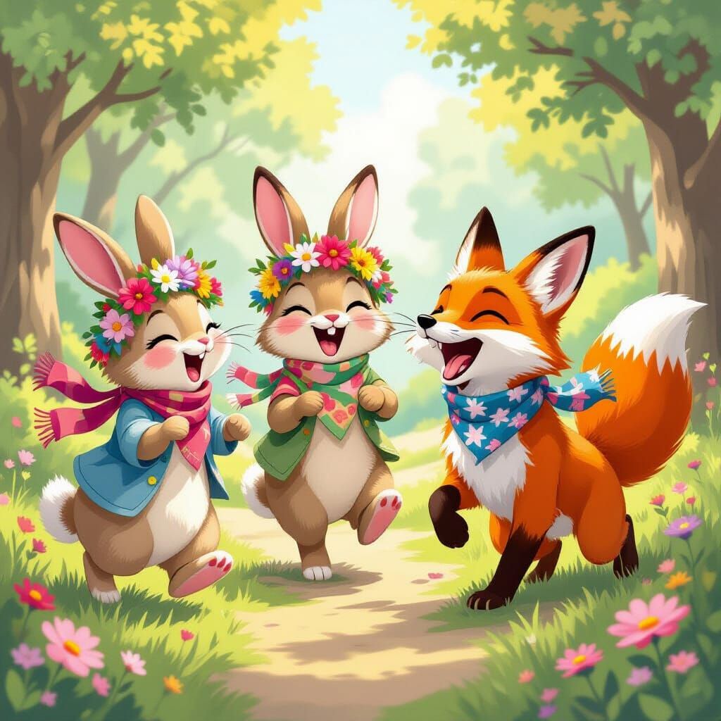 Whimsical Bunnies and Fox Chase in Storybook Style