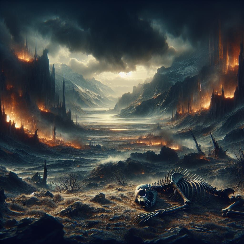 Desolate Bear Skeleton in Blasted Landscape, Digital Matte P...