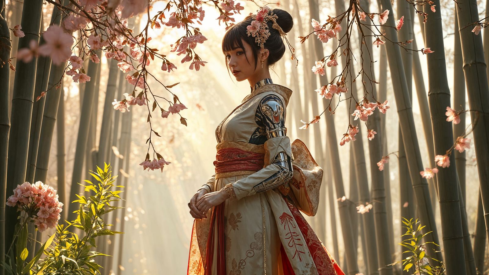 Cyborg Geisha in Futuristic Garden, Alphonse Mucha Style