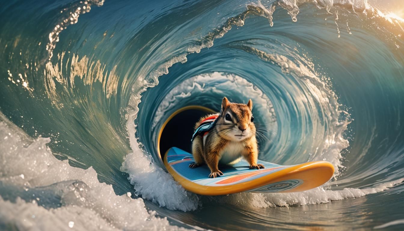 Chipmunk Surfing Banzai Pipeline Wave in Hawaii