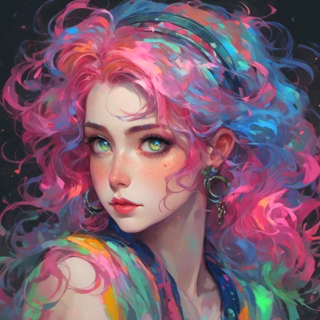 Woman with Tri-Colored Hair and Neon Eyes