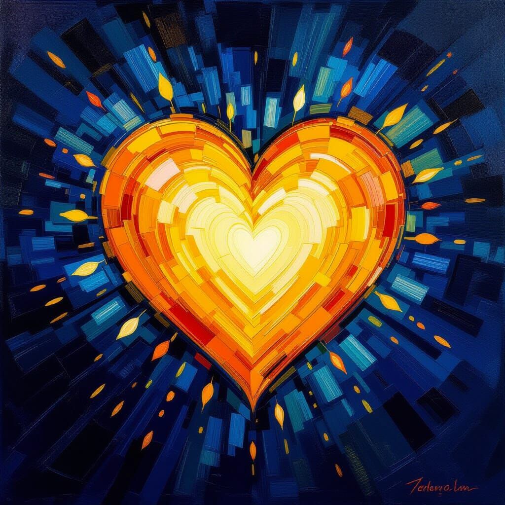 Radiant Golden Heart Painting in Impressionist Style