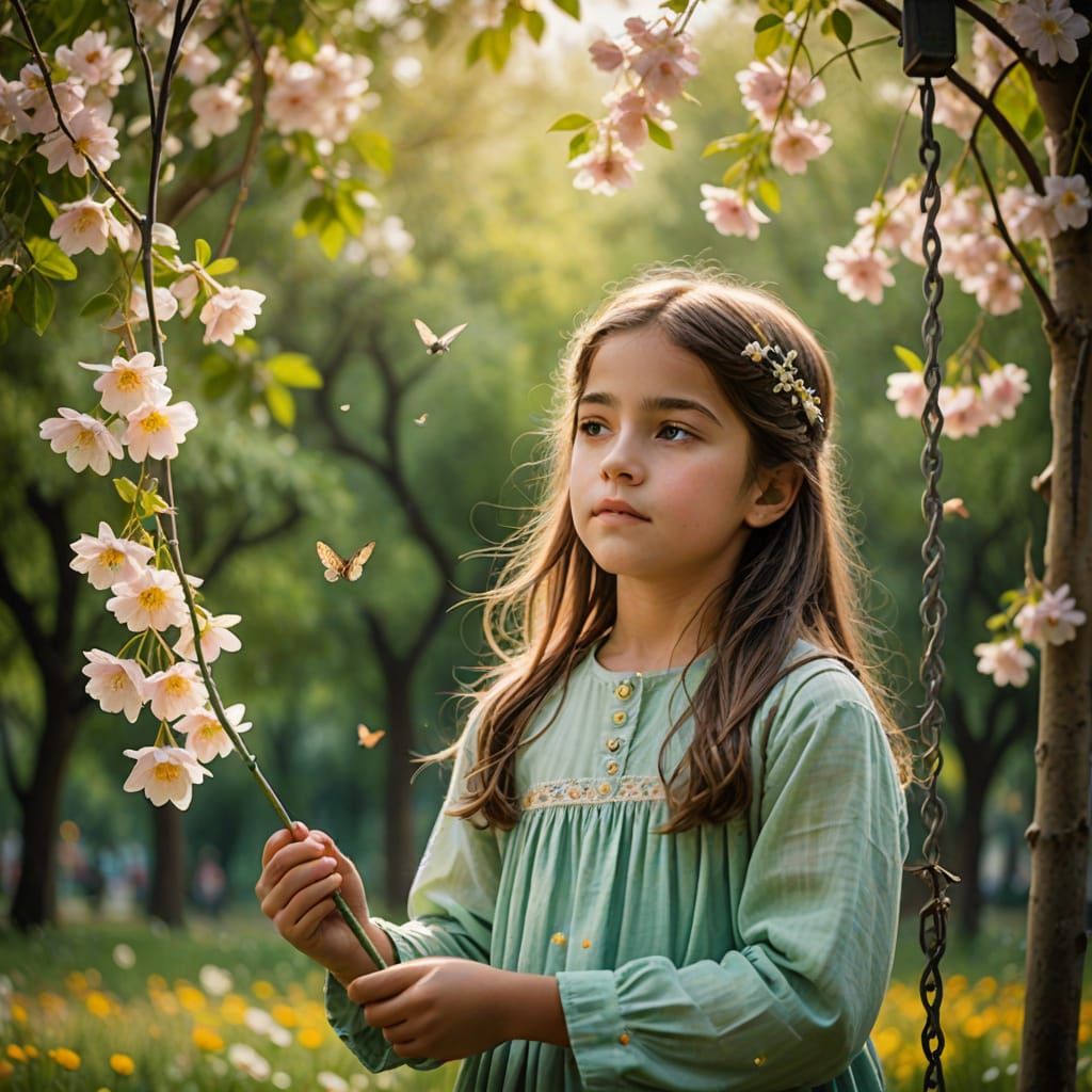 Impressionist Girl on a Swing in a Sunny Park