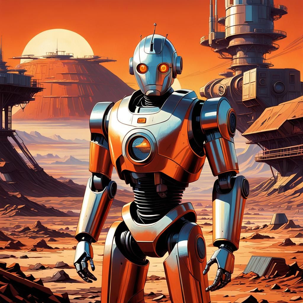Gort Robot in Desolate Wasteland: Retro-Futuristic Illustrat...