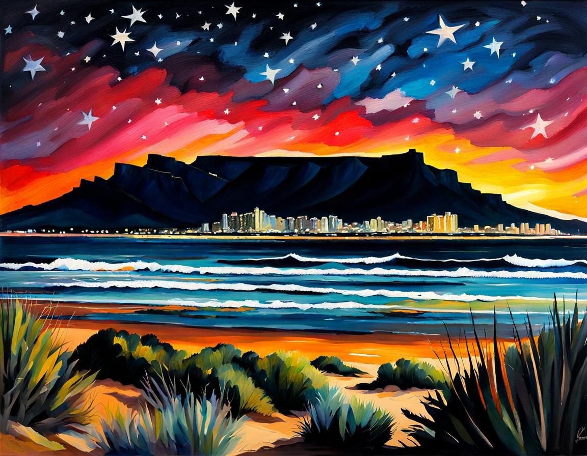 Table Mountain at Night in Gouache Style