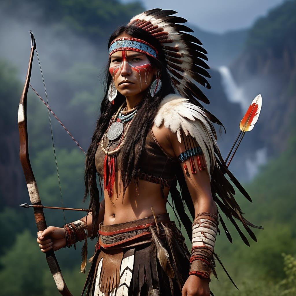 Native American Warrior Woman in Sunlit Forest
