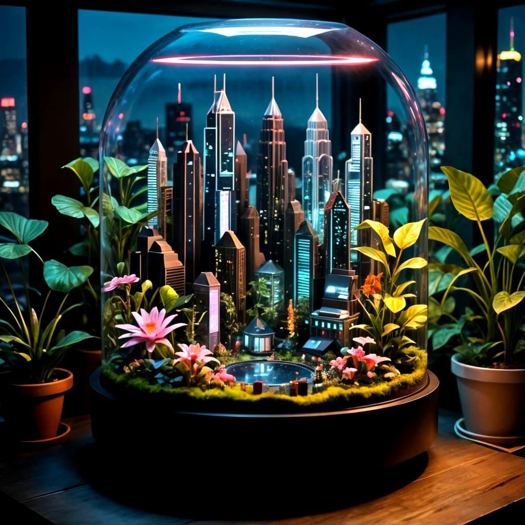 Cyberpunk City in Terrarium: Hyperrealistic Rooftop Garden