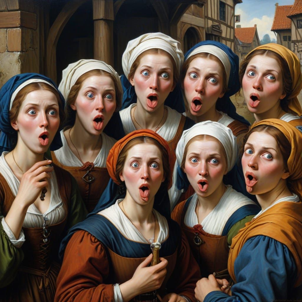 Whimsical Women in Renaissance Style Oil Painting