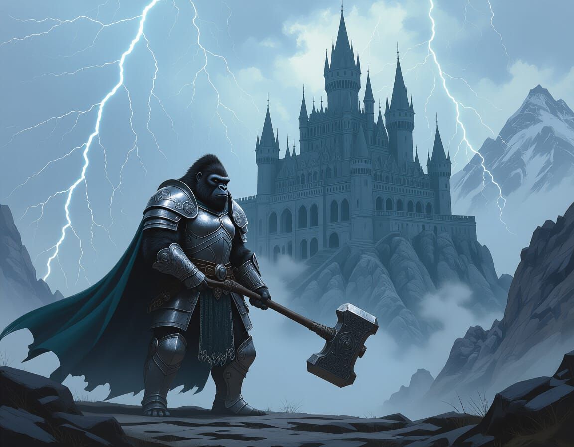 Gorilla Knight Guards Gothic Castle in Digital Painting