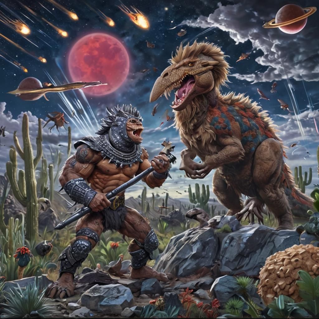 Cosmic Battle on Alien Planet: Surreal Psychedelic Scene