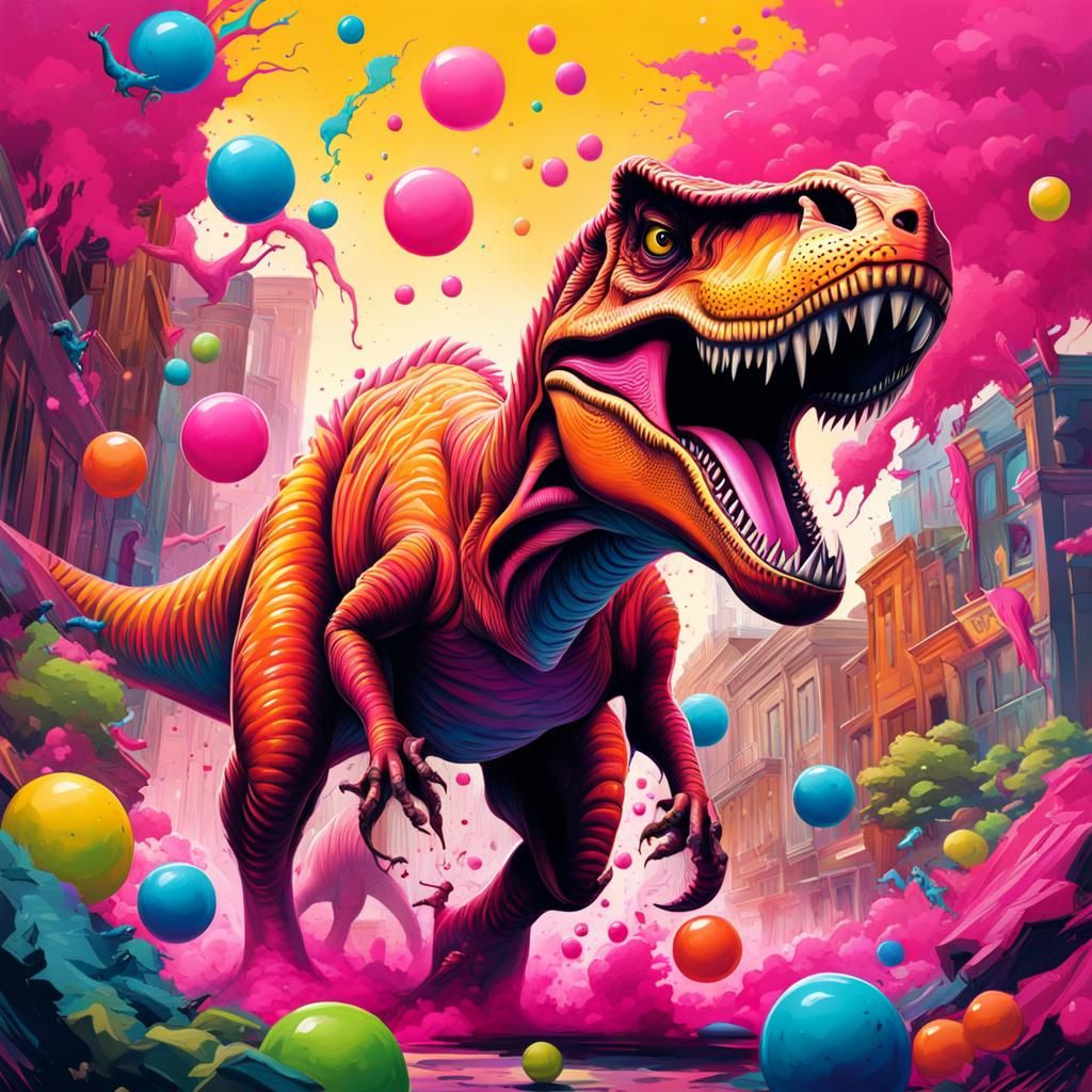 T-Rex Plays with Bouncy Ball in Graffiti Art