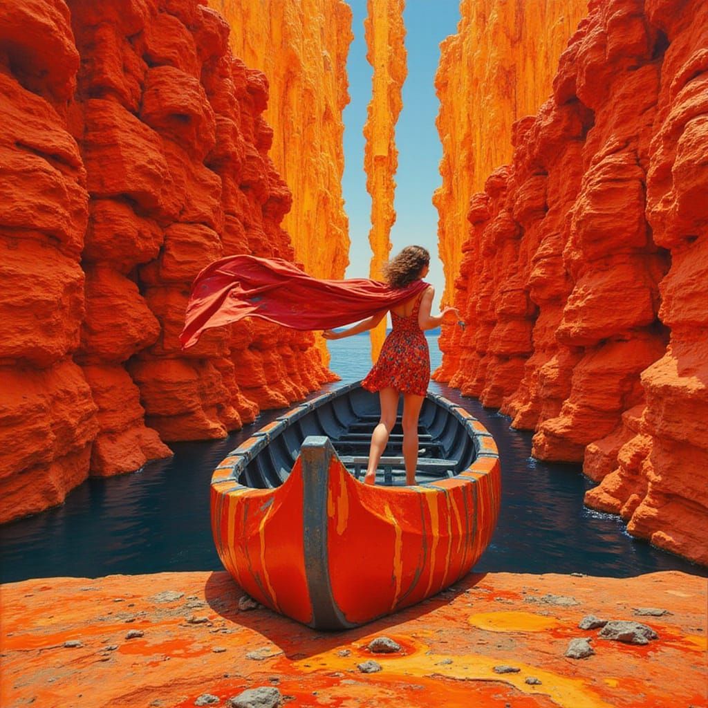 Surreal Iron Canoe Erupts from Pollock-Inspired Landscape