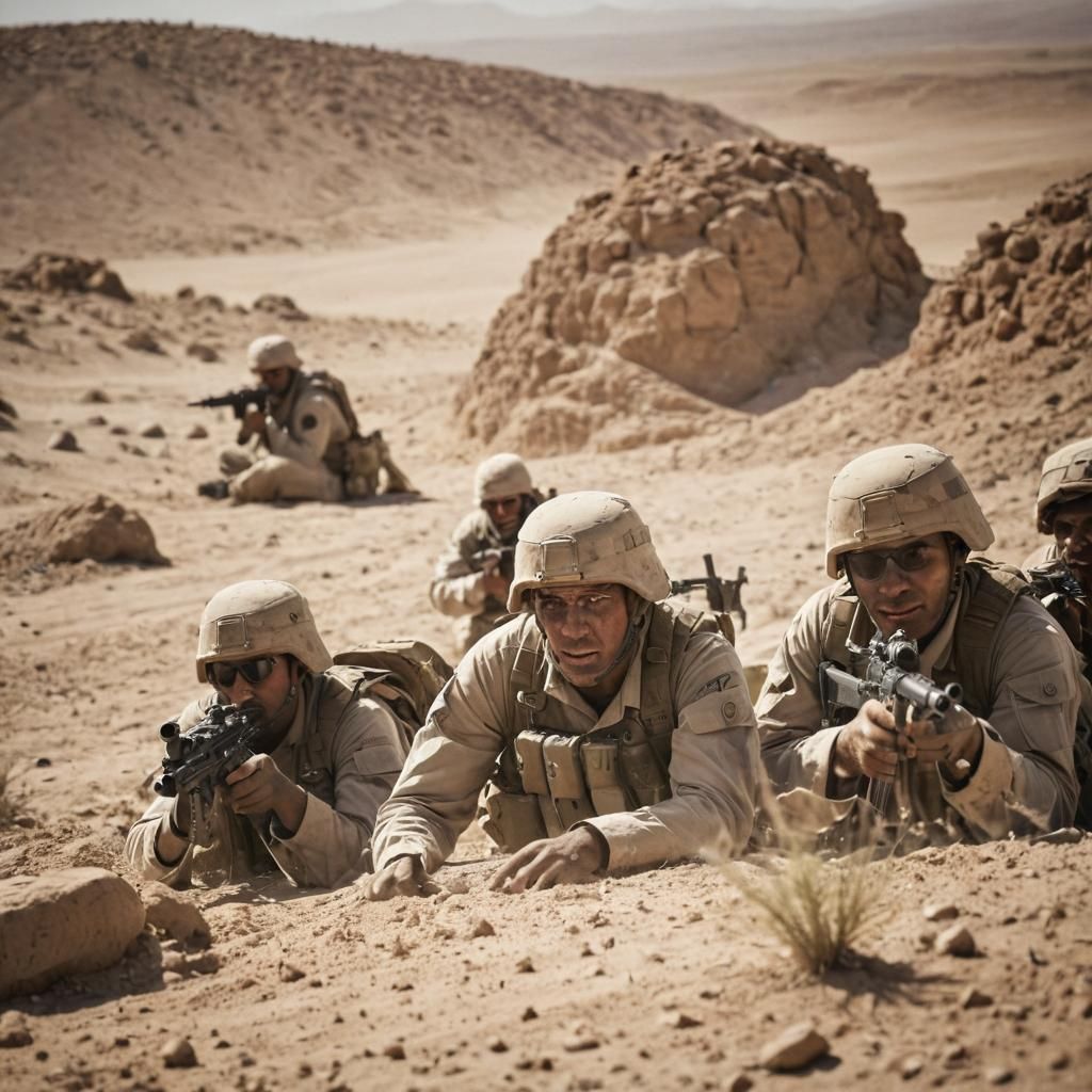 Military Team in Defensive Desert Positions: War Photography