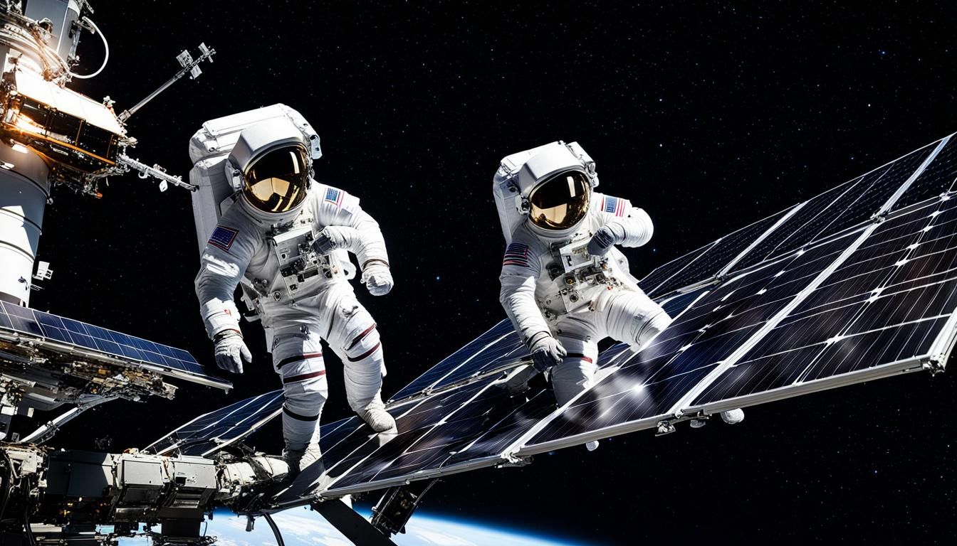 Astronauts Repairing Solar Panel in Space