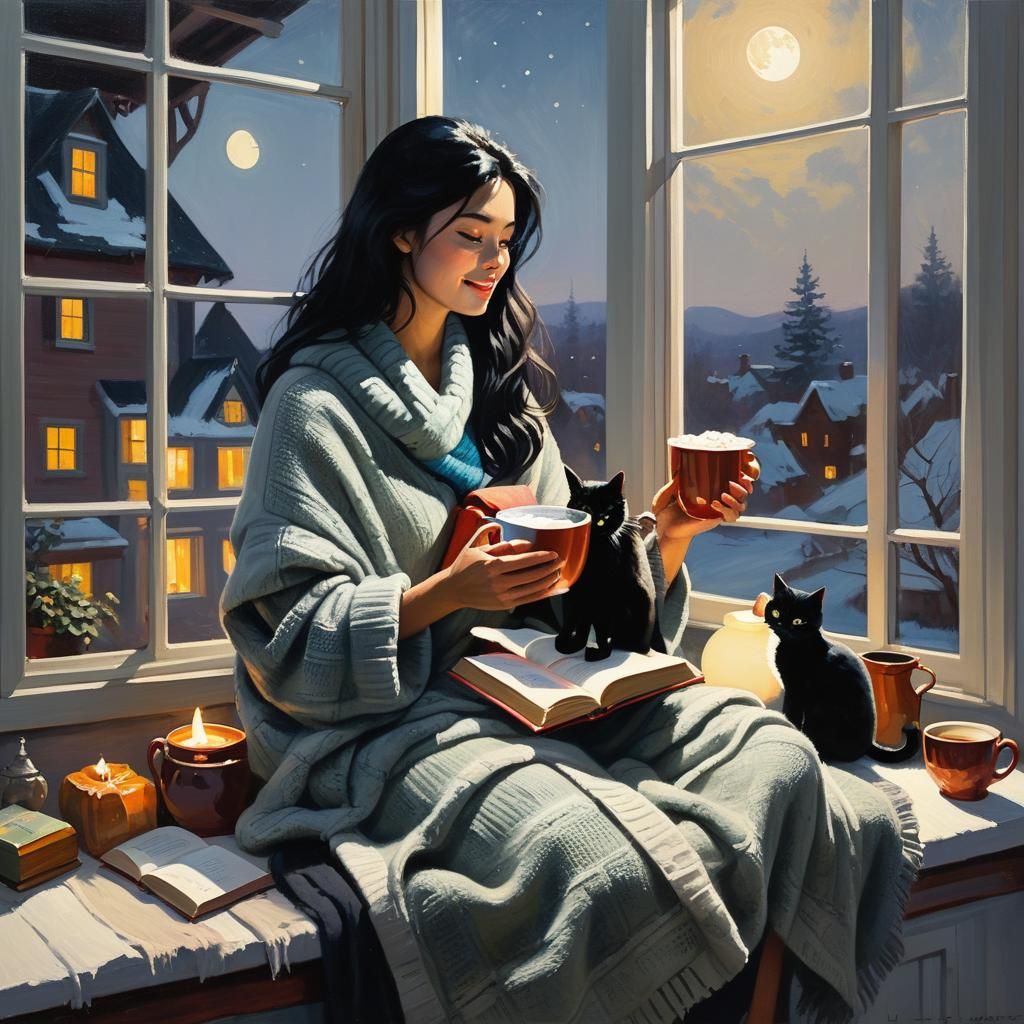 Cozy Moonlit Reading Moment in Oil Painting Style