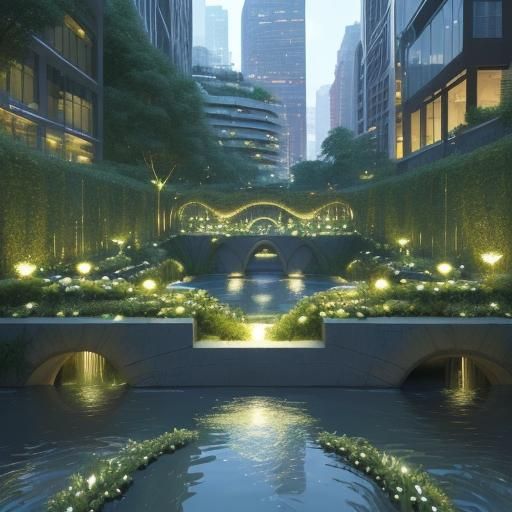 Futuristic Cityscape with Luminous Floating Gardens
