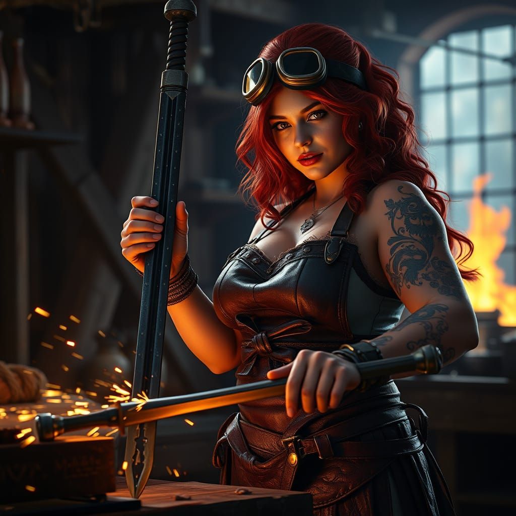 Fiery Blacksmith Crafts Sword in Dark Fantasy Forge