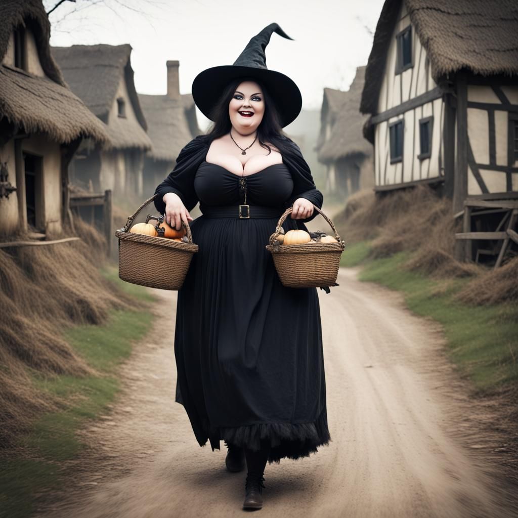 Chubby Witch Walks Through Haunted Village