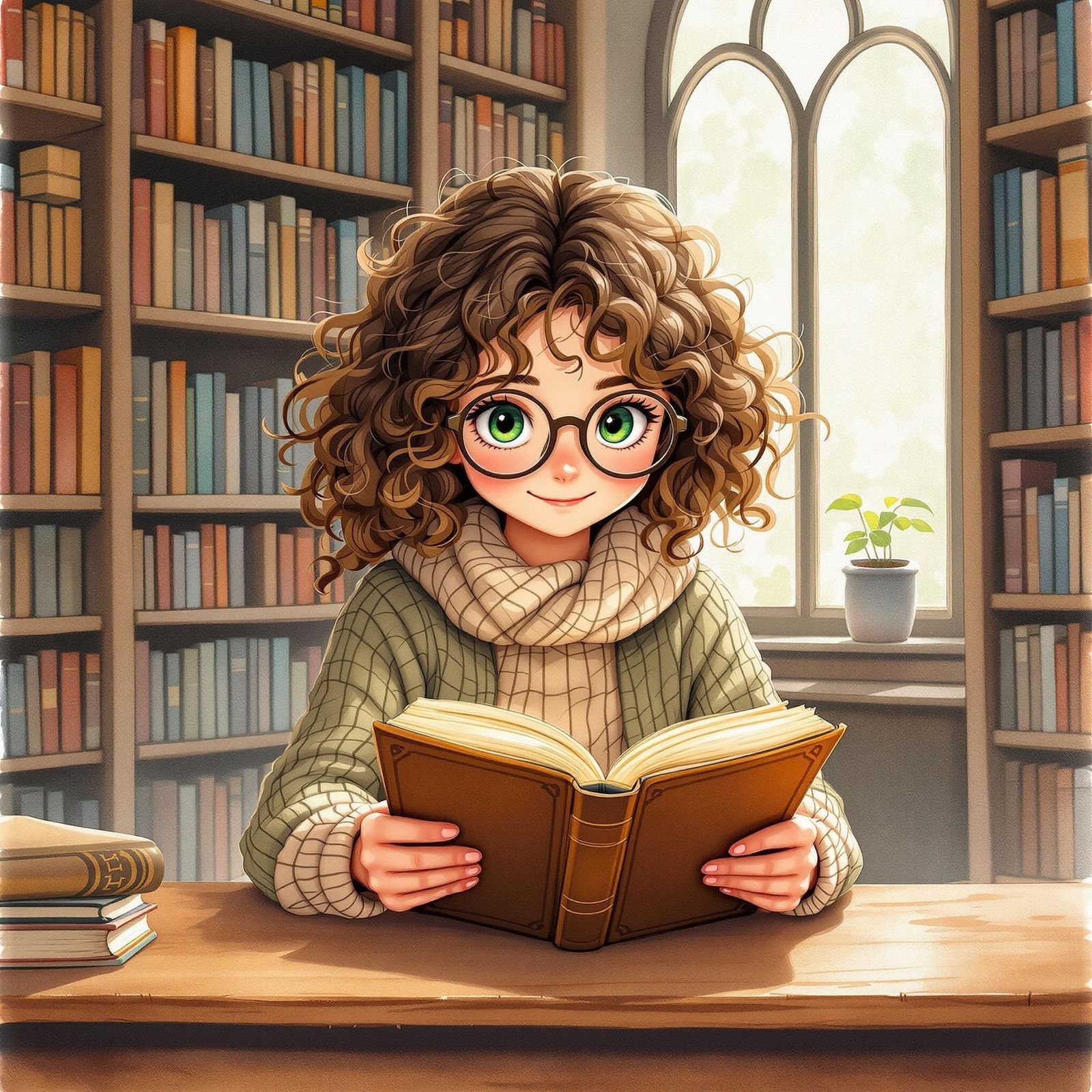 Charming Girl Immersed in a Watercolor Library Scene