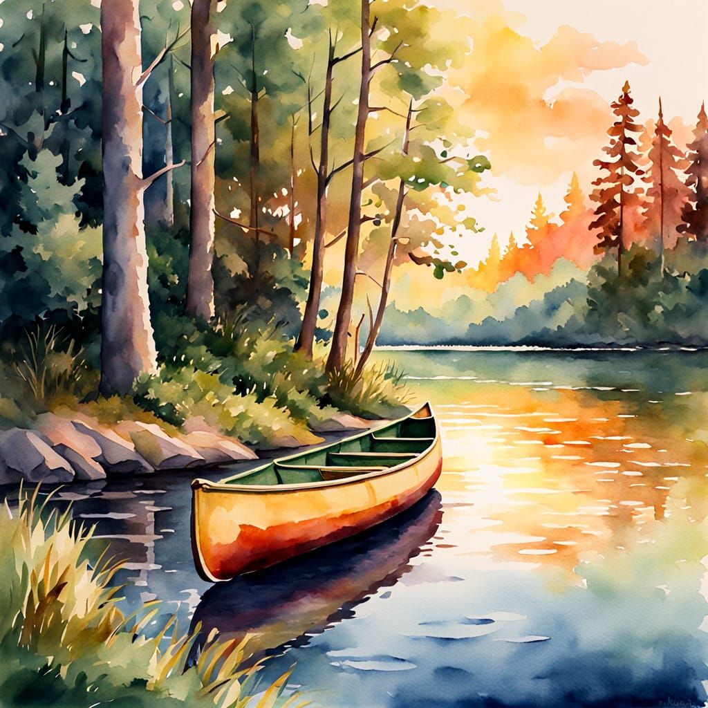 Tranquil Canoe by Forest Lake at Golden Hour Sunset
