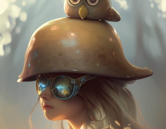 A female halfling with a mushroom hat and owl glasses