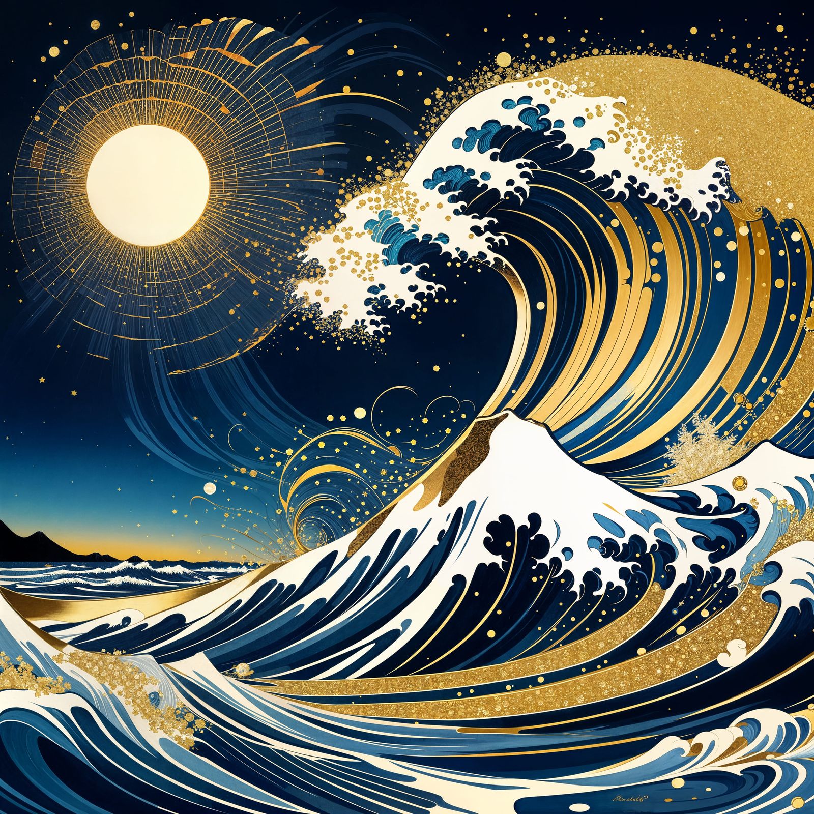 Sparkling Hokusai Wave with Golden Ornaments