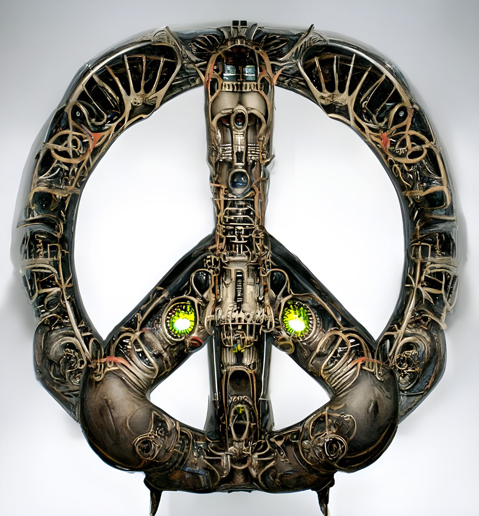 Biomechanical Peace and Love Sign in Steampunk Style