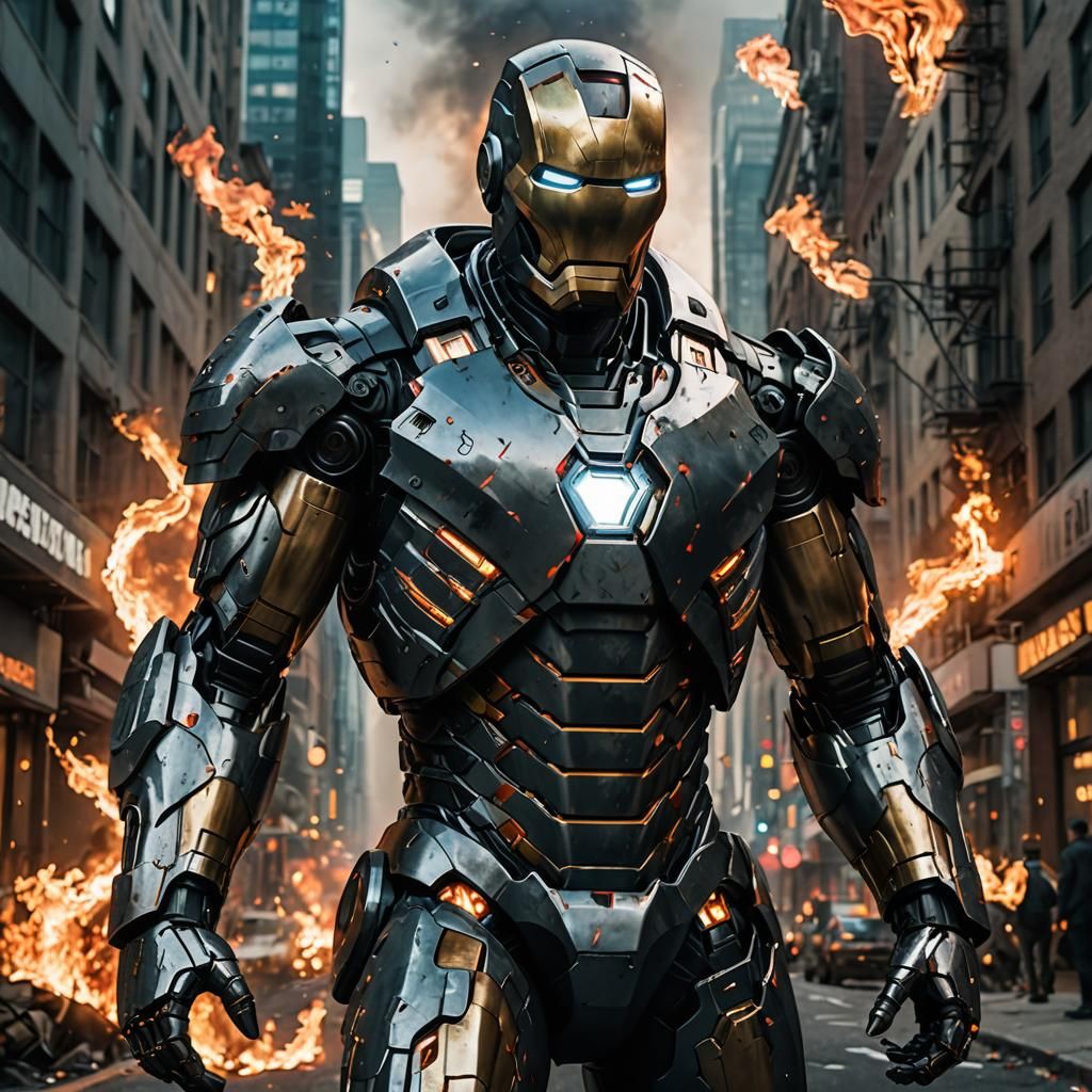 Armored Hero in Cyberpunk Cityscape