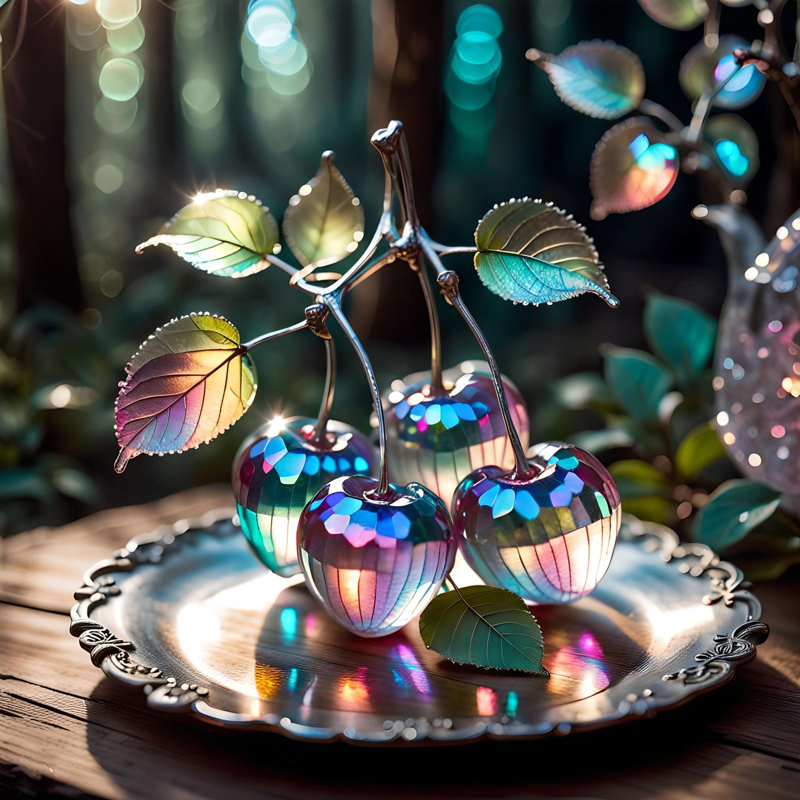 Iridescent Crystal Cherries in Bioluminescent Forest