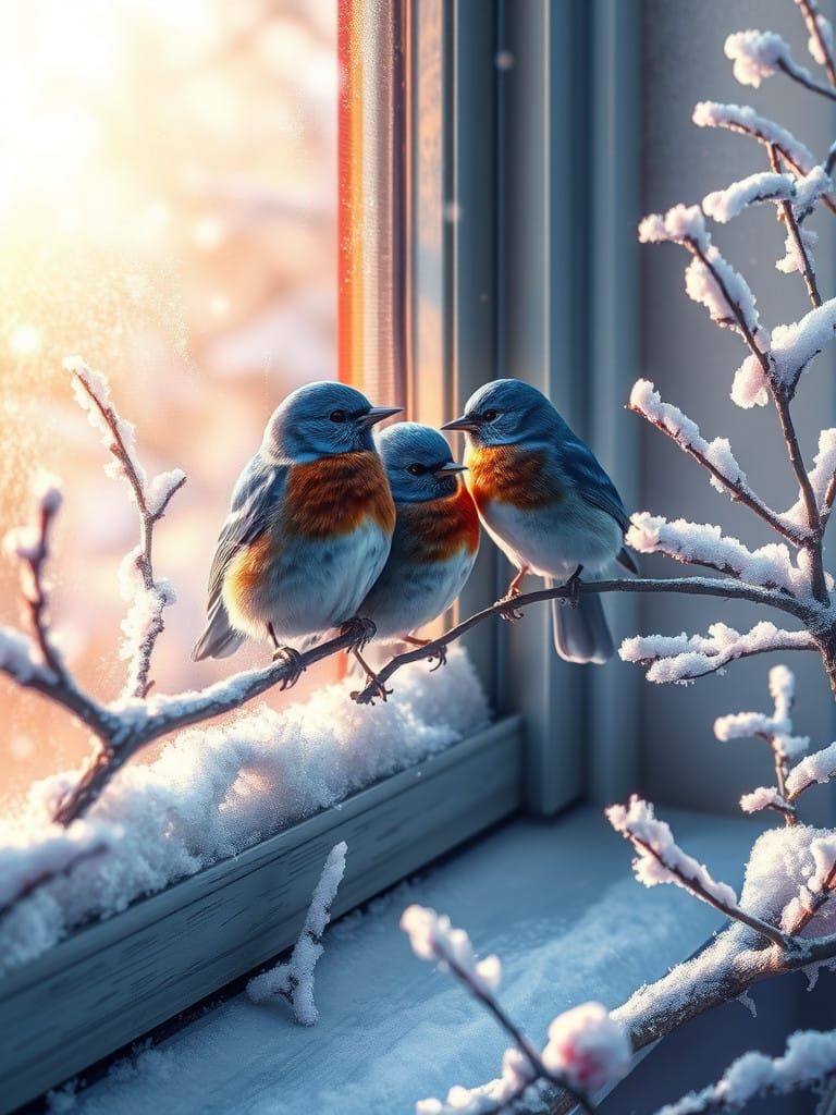 Vibrant Bluebirds Perched on Frosty Windowsill in Serene Win...