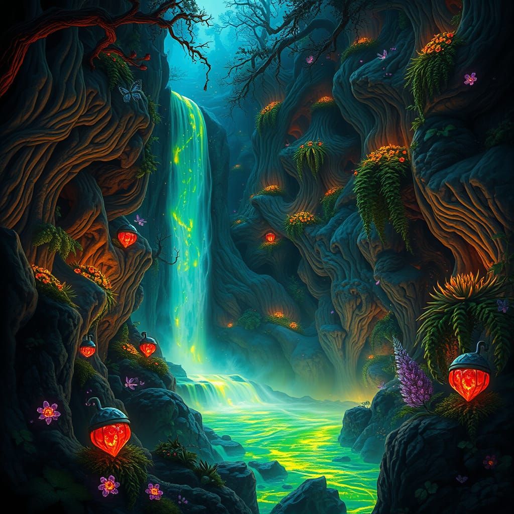 Bioluminescent Waterfall in Mystical Forest, Photorealistic