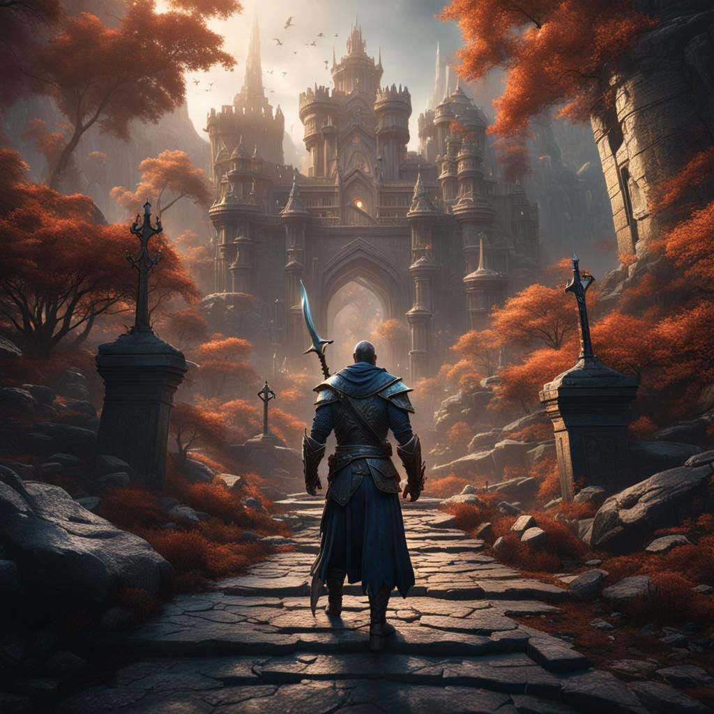 Swords Pointed at Person in Detailed Matte Painting