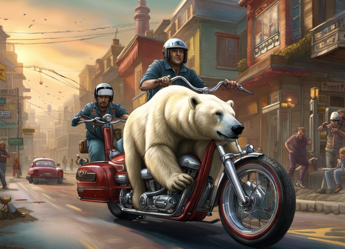 Polar Bear Biker on Custom Chopper Art
