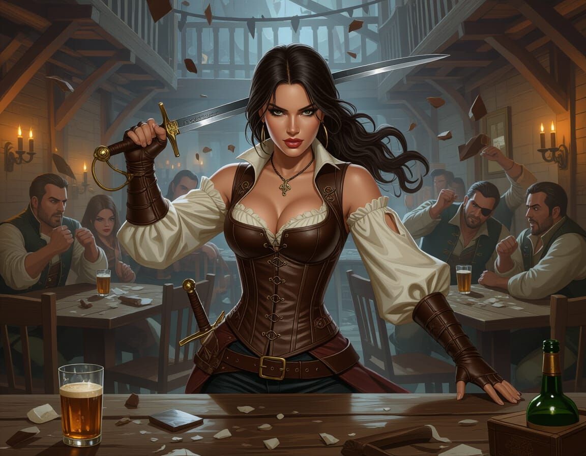 Pirate Woman Wielding Sword in Smoky Tavern Brawl