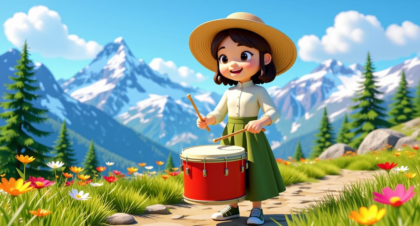 Cartoon Girl Drummers on Mountain Path in 3D Style