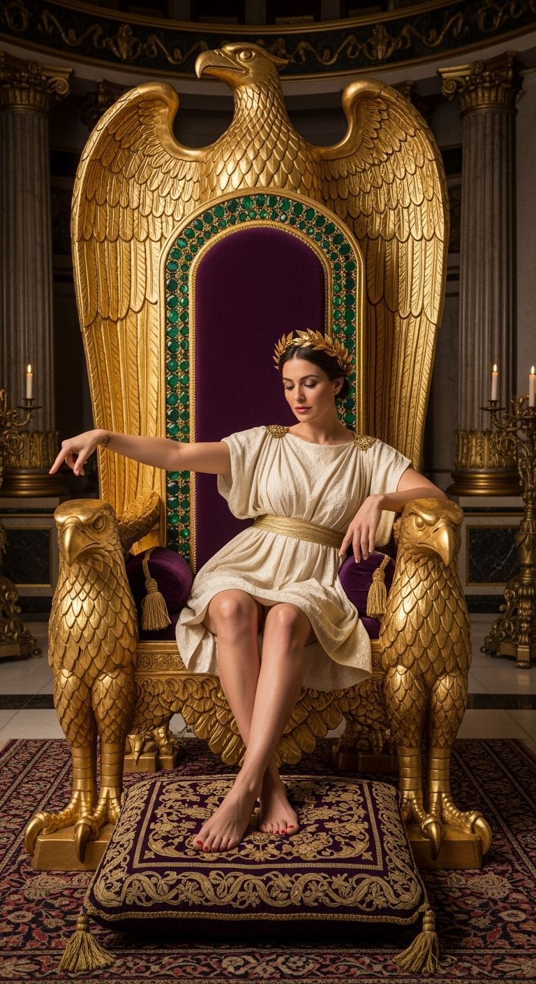 Barefoot Roman Empress on Eagle Throne in Palace