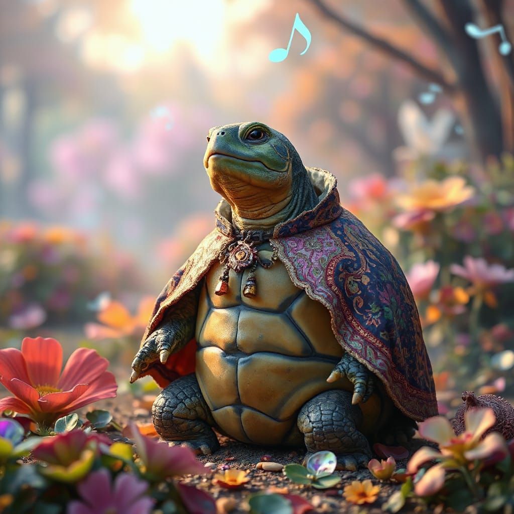 Singing Turtle in Dreamlike Landscape, Digital Art